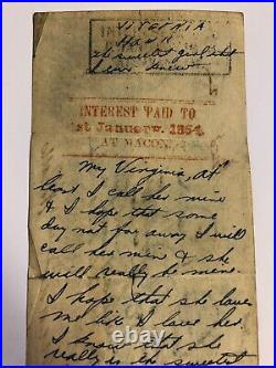 CIVIL WAR LOVE LETTER on Confederate 1862 $100 One Hundred Dollar Note