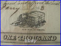 CIVIL War 1863 Confederate $1000 Bond Sdg By Robert Tyler