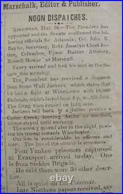 CIVIL War Natchez Confederate Newspaper 1862 News Of Stone Wall Jackson