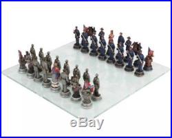 COLLECTIBLE AMERICAN CIVIL WAR CHESS SET CONFEDERATE with Glass Board