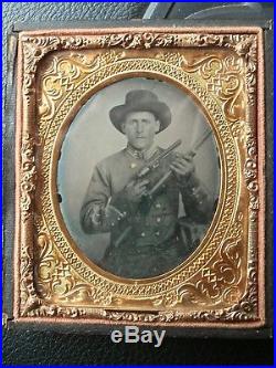 CONFEDERATE CIVIL WAR 1/6th PLATE AMBROTYPE SOLDIER PISTOL RIFLE KNIFE Dag Tin
