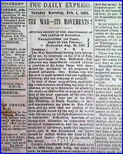 CONFEDERATE PGT Beauregard BULL RUN'S Official Report 1862 Civil War Newspaper