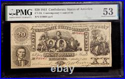 CT-18 $20 1861 Confederate States Civil War Contemporary Counterfeit Note PMG 53