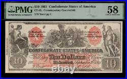 CT-22 $10 1861 Confederate Currency CSA Civil War Counterfeit PMG 58