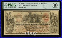 CT-22 $10 1861 Confederate States Civil War Contemporary Counterfeit Note PMG 30