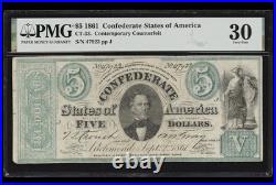 CT-33 $5 1861 Confederate States Civil War Contemporary Counterfeit Note, PMG 30