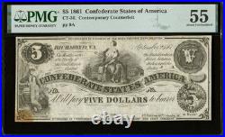 CT-36 $5 1861 Confederate States Civil War Contemporary Counterfeit Note, PMG 55