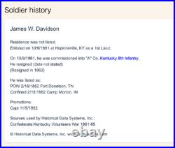 Civil War Albumen ID'd Confederate James Wash Davidson 8th Kentucky Infantry CSA