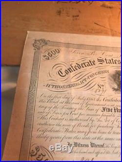 Civil War CSA Confederate States of America Loan $500 Certificate Bond