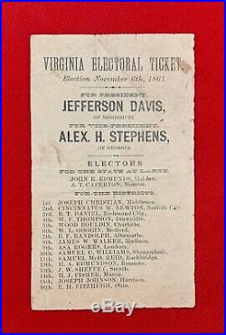 Civil War Confederate 1861 Virginia Jefferson Davis / Stephens Election Ballot