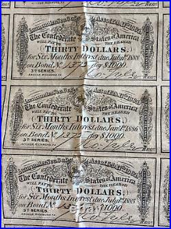 Civil War Confederate Bonds Third Series Thirty Dollars per Bond Antique & Rare