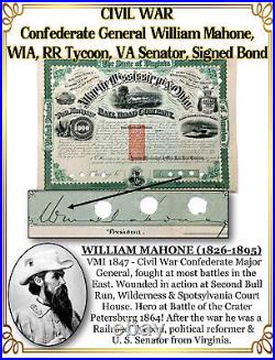 Civil War Confederate Gen. William Mahone, WIA, RR Tycoon, Signed RR Bond