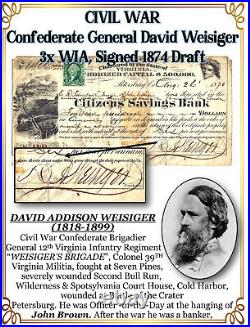 Civil War Confederate General Weisiger Signed Certificate of Deposit 1870