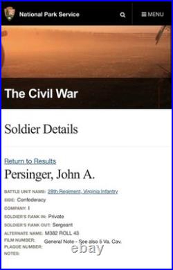 Civil War Confederate John Abner Persinger 5th Virginia Cavalry Slouch Hat 1864