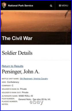 Civil War Confederate John Abner Persinger 5th Virginia Cavalry Slouch Hat 1864