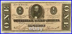 Civil War Confederate States of America $1 Bill / Note Dated 1864