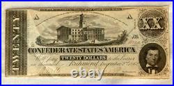 Civil War Confederate States of America $20 Note / Bill with Ornate Back