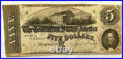 Civil War Confederate States of America $5 Bill/Note April 6, 1863 Great Back