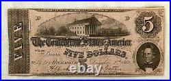 Civil War Confederate States of America $5 Bill / Note Dated1862 Printed back