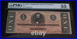 Civil War Confederate States of America CSA $1 One 1864 T-71 PMG 55 About UNC