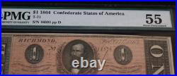 Civil War Confederate States of America CSA $1 One 1864 T-71 PMG 55 About UNC