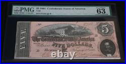 Civil War Confederate States of America CSA $5 Five 1864 T-69 PMG 63 Choice UNC