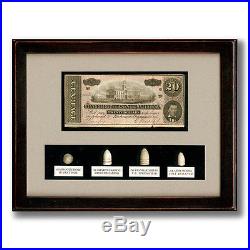Civil War Framed Confederate Note & Bullets $20- State Capitol 1864 10.5 in. By