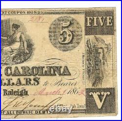 Civil War-NC Rare 1865 Confederate/Obsolete CR-86 Rarity R-4 -CSA $5 note VF