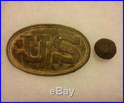 Civil War US Cartridge Box Plate US Dug + Confederate button block I tin back