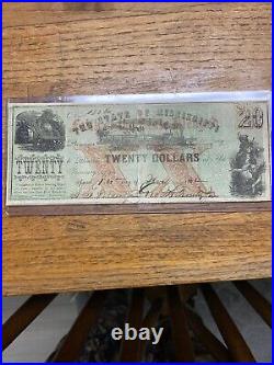 Confederate Civil War 1862 Cr. 34 $20 Mississippi Currency Note Rare Nice