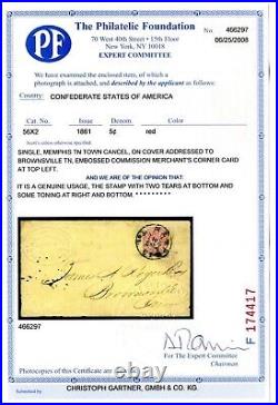 Confederate Civil War 56X2 Memphis TN with Embossed CC 1861 to Brownsville TN CERT