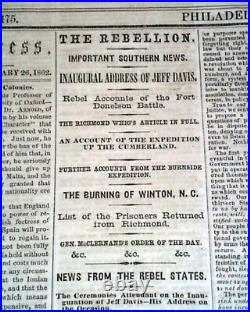 Confederate JEFFERSON DAVIS Inauguration Inaugural Addr 1862 Civil War Newspaper