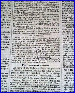 Confederate JEFFERSON DAVIS Inauguration Inaugural Addr 1862 Civil War Newspaper