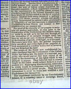 Confederate JEFFERSON DAVIS Inauguration Inaugural Addr 1862 Civil War Newspaper