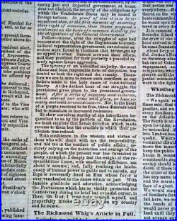 Confederate JEFFERSON DAVIS Inauguration Inaugural Addr 1862 Civil War Newspaper