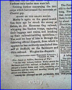 Confederate JOHN S. MOSBY Guerrillas Greenback Raid 1864 Civil War Newspper a