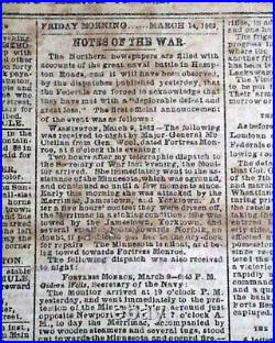 Confederate Monitor vs Merrimack Hampton Roads Virginia 1862 Civil War Newspaper
