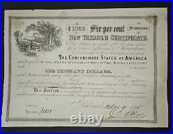 Confederate States Of America $1000 Loan Non Taxable Certificate March 9, 1865