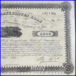 Confederate States of America Loan Bond 1000 1861 / 1879 Civil War #803 COA