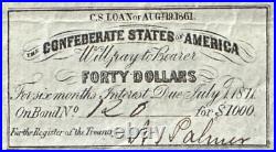 Confederate States of America Original 1862 40 Dollar War Bond Receipt Framed