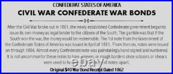Confederate States of America Original 1862 40 Dollar War Bond Receipt Framed