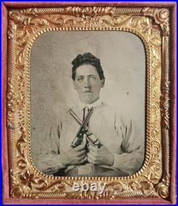 Confederate Tintype 6th Plate Cavalryman Published Double Armed In Battle Shirt