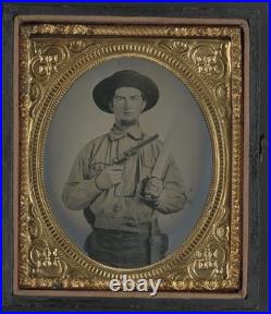 Confederate Tintype 6th Plate Cavalryman Published Double Armed In Battle Shirt Confederate Tintype 6th Plate Cavalryman Published Double Armed In Battle Shirt