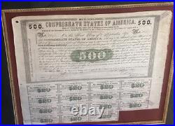 Framed CSA Confederate States of America $500 Civil War Loan Bonds, 1861