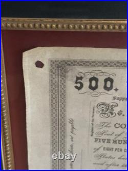 Framed CSA Confederate States of America $500 Civil War Loan Bonds, 1861