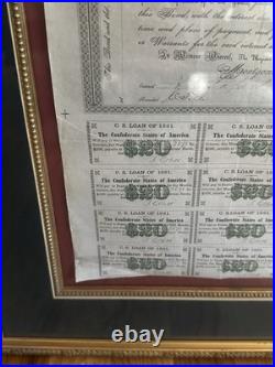Framed CSA Confederate States of America $500 Civil War Loan Bonds, 1861