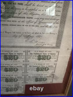Framed CSA Confederate States of America $500 Civil War Loan Bonds, 1861