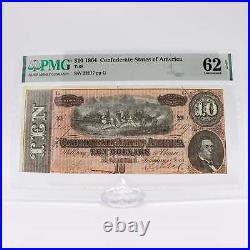 Graded Civil War 1864 Confederate $10 Note, PMG 62 Uncirculated
