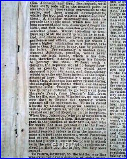 Great 1st Battle of Bull Run Manassas VA Civil War Confederate VA 1861 Newspaper