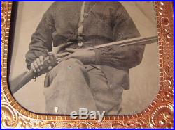 Great Civil War Tintype Man w Pipe & Black Powder Gun Possibly Confederate